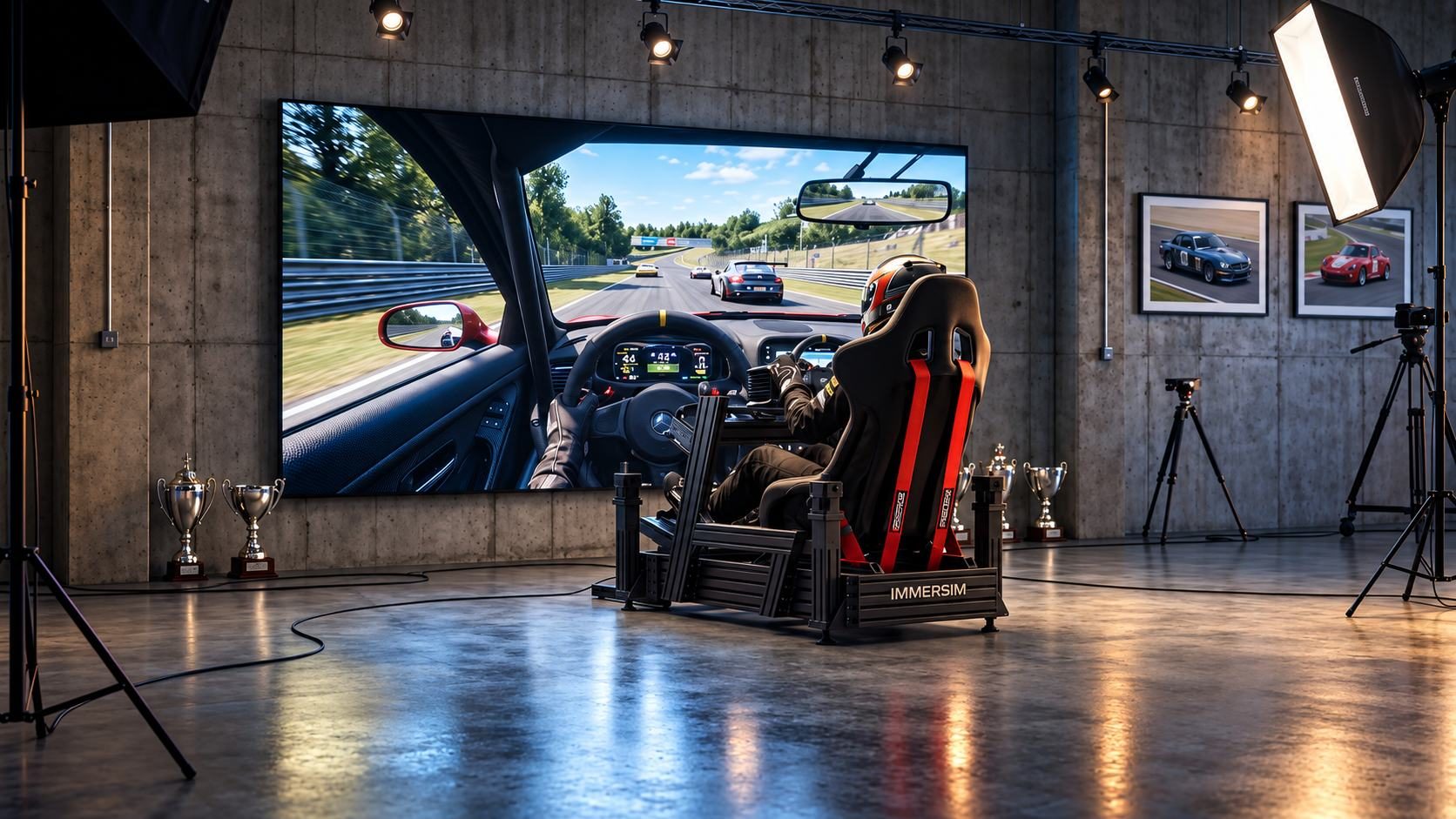 Driver in an IMMERSIM simulator facing a projection screen in a concrete studio