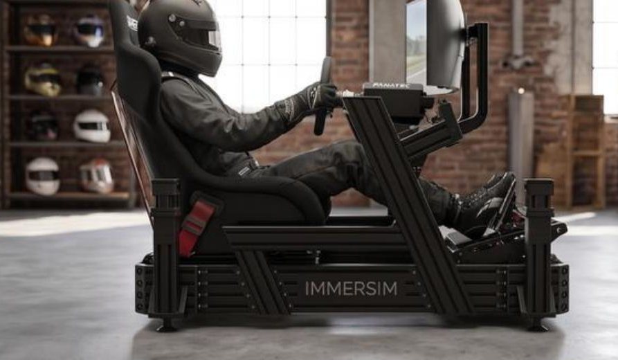 Driver in a raised GT-style position on the IMMERSIM rig